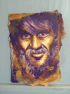Portrait d'un vieil homme en jaune et violet Peinture acrylique sur carton ondulé