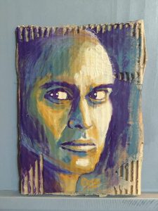 Portrait d'un homme en nuances de violet et de jaune Peinture acrylique sur carton ondulé