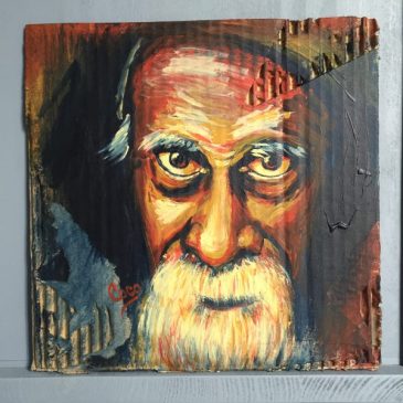 Portrait d'un vieil homme barbu acrylique sur carton ondulé dans les tons marron jaune et rouge