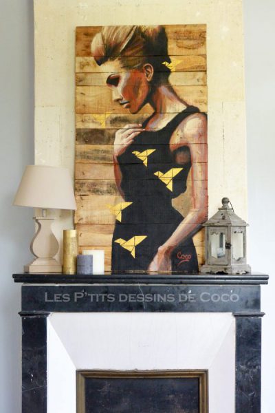tableau-deco-decoration-ornament-peinture-art-woodart-birds-oiseaux-origami-cheminée-fireplace