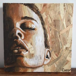Portrait peinture sur osb de Coraline Van Butsele