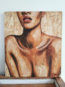 Portrait peinture sur osb de Coraline Van Butsele