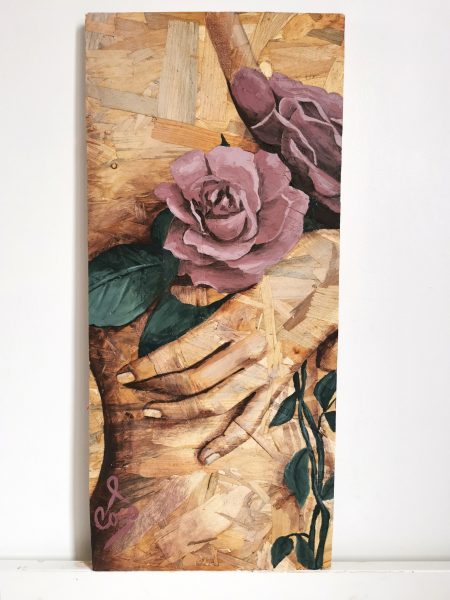 Tableau de Coraline Van Butsele réalisé à l'ocassion d'octobre rose, artiste peintre française Peinture sur bois de la collection Naturelle