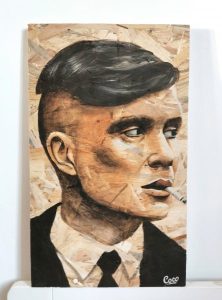 Portrait de Tommy shelby de la série Peaky blinders peinture sur osb de Coraline Van Butsele